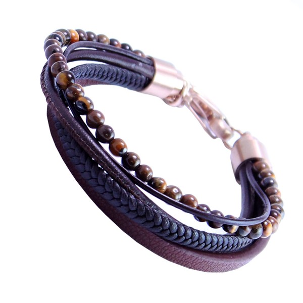 Brown Multi-Strand Braided Leather and Beaded Bracelet with Gold Accents
