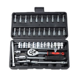esahpss 46 Pieces Mechanic Tool Kit,1/4” Dr. Socket Ratchet Wrench Set Bit Sockets Extension Bar,Metric Mechanical Tool Kit for Auto Repairing Household