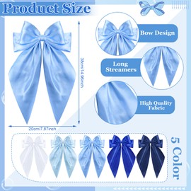 5 Pcs Blue Hair Bows for Women, Blue Bow Hair Clips Silky Satin Large Hair Bows for Girls, Blue Long Tail Hair Ribbon Blue Hair Accessories for Girls