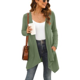 Summer Long Sleeve Plus Size Cardigan for Women Lightweight Open Front Jacket Ladies Sweater Vests Fashion Casual Kimono with Pockets,Olive Green,XXL