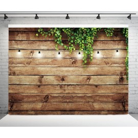 DHXXSC 10X8FT Wood Backdrops Green Plant Light String Retro Wood Backdrop Photography Studio Props Birthday Party Decoration Photo Background DH-263