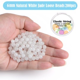 6mm 200pcs Natural White Jade Gemstone Round Loose Beads for Jewelry Making with Crystal Stretch Cord
