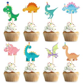 Keaziu Paquete de 48 adornos para cupcakes de dinosaurio, baby shower, lindo tema de dinosaurio, decoración de pasteles para fiesta de cumpleaños