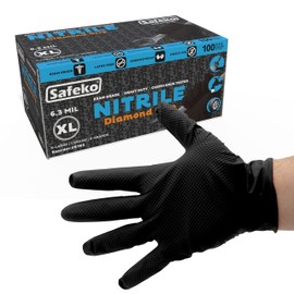 SAFEKO Diamond Grip Nitrile Gloves – Heavy Duty, Textured for Enhanced Grip, Disposable, Powder-Free, Black, Medium, Box of 100