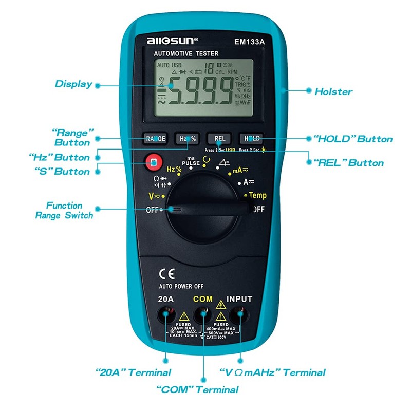 allsun Automotive Dwell Meter Digital Multimeter Autoranging TRMS 5999 Counts