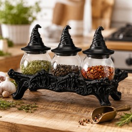 Blushtier 13'' Halloween Witchy Spice Jars Set 3 Pcs Large Gothic Vintage Apothecary Glass Jars with Witchy Hat Lids Home Kitchen Decoration Food Storage Container Herb Tea Salt Spice Pepper Display