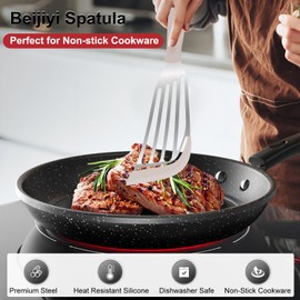 Beijiyi Silicone Fish Spatula Set, 2-Piece Heat Resistant Fish Turner Spatula for Non Stick Frying Pan, Flexible Kitchen Cooking Utensils, Slotted Egg Flipper, Large 12.3 In, Small 10.6 In, Khaki