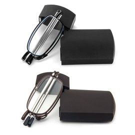 prtcslwd 2 Pack Folding Reading Glasses Stainless Steel Mini Anti-Blue Light Blocking Reader for Men Women (2 Pack（black+Brown）, 1, Diopters)