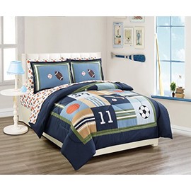Fancy Linen Kids/Teens Comforter Set Sports Baseball Basketball Football Soccer White Black Orange Brown Navy Blue Green Light Blue New # Sport Navy (Twin Comforter)