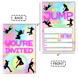 WKGDQSSS Neon Glow Trampoline Birthday Party Invitations 20-Pack with Envelopes, Bounce House Theme Celebration Cards for Boys, Girls & Kids, Jump & Play Party Decorations