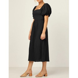 R.Vivimos Summer Dress for Women Cotton Puff Sleeves Casual Off-Shoulder Boho Side Slit Midi Dress (Large, Black)