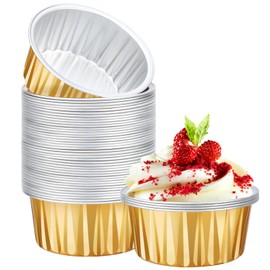 EUSOAR Disposable Creme Brulee Ramekins, 50pcs 5oz Baking Cups Ramekins Aluminum Foil Dessert Cups, Gold Cupcake Liners Mini Muffin Pans, Recyclable Economical Catering Favor Baking Cups for Party
