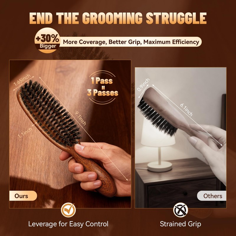 Boar Bristle Slick Back Hair Brush for Men, Women, Natural