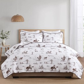 PANGUSHAN 100% Cotton Quilt King Size, Ranch Life Cowboy Rodeo Cow Print Western King Bedspread, King Size Wild West Lightweight Comforter, Reversible Rustic Farmhouse Bedding Set, White/Brown