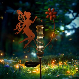 HONGLAND Rain Gauge Outdoor with Solar Lights - Metal Fairy Stakes & Replaceable Glass Tube - Garden Rain Gauge Decorations for Patio, Balcony, Yard, Lawn - Unique Ideas