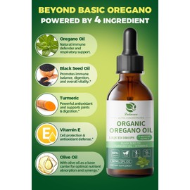 Organic Oregano Oil Drops 80% Carvacrol - Oil of Oregano with Black Seed Oil, Turmeric & Vitamin E - Immune, Respiratory, Digestive Support - Vegan, Sugar-Free, Non-GMO-8 Month Supply, 2 Fl Oz, 2 Pack