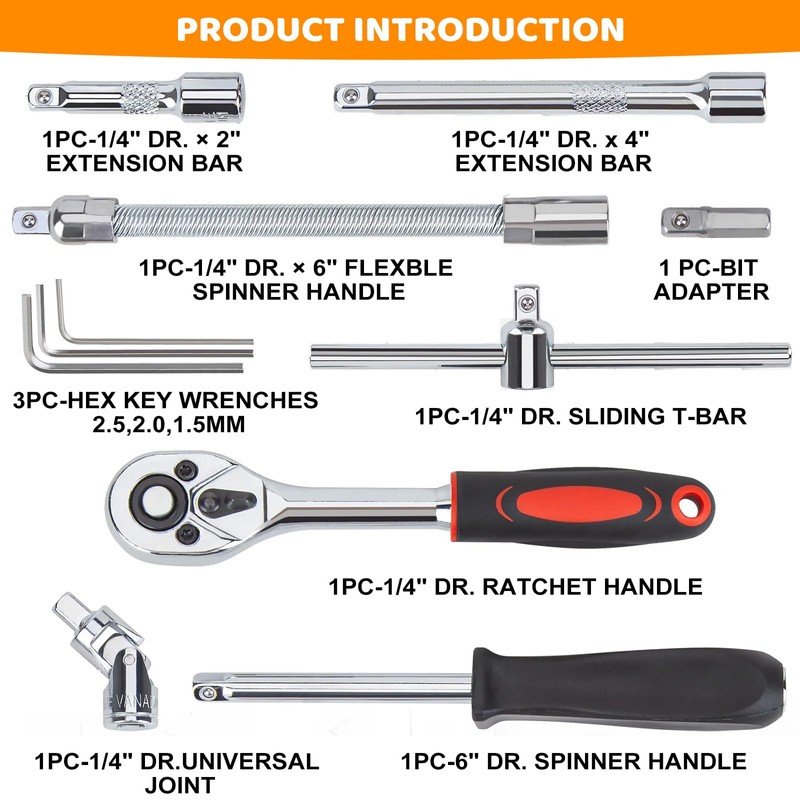 Socket Set 46 Pcs 1/4'' Drive Socket Ratchet Wrench Set
