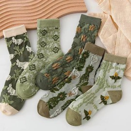 DXYAKY 5 Pairs Womens Floral Cotton Socks Vintage Patterned Crew Socks Novelty Ankle Ruffled Warm Casual Dress Socks (5 Pairs - Green)