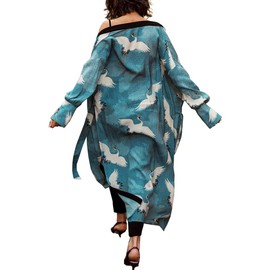 YouKD Women's Summer Cotton Long Sleeves Cardigan Maxi Boho Dress Beach Coverup Robe Long Kimono One Piece Dark Green
