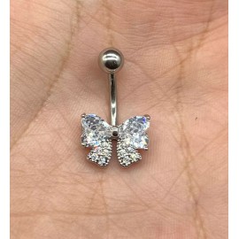 Dragonfly 14 Gage Bow Decor Belly Button Ring Stainless Steel Cubic Zirconia