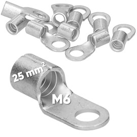 Pack of 10 Kalitec Q25-6 crimp cable lugs, 25 mm², M6, uninsulated, mandrel pressing, for multi, fine and finest stranded conductors, cable lug 25 mm² according to DIN 46234