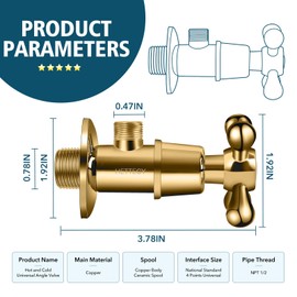 Hettecy Angle Valve 2 Pack NPT 1/2'' Inlet x 3/8'' Outlet Angle Stop Valve, Brass Shut-Off Valve for Bathroom and Kitchen Plumbing, Toilet and Faucets National (American) Pipe Thread (Gold)