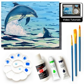 Dolphins Painting Kit with Video Tutorial for Adult Beginners, Sip and Paint DIY Arts and Crafts Paint by Numbers Alternative - 9 Piece Set