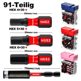 Geinxurn Impact Resistant Screwdriver Bits Set, 90 Pieces 25 mm Magnetic Hex (4 mm, 5 mm, 6 mm) S2 Steel Multi Driver Bits, 1 Piece 75 mm Bit Holder with Storage Colourful Box