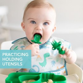 Bumkins Baby Utensils Set, Chewtensils Silicone Spoons for Dipping, Self-Feeding, Baby Led Weaning, Trainer Learning, First Stage Eating, Soft Practice Fork and Spoon, Babies 6 Months, Jade Green