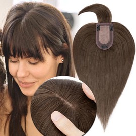MY-LADY Hair Topper for Women Human Hair for Thinning Hair 7 * 13CM Silk Base 150% Density Real Remy Hair with Bangs Clip in Hair Pieces Hairpiece 16 Inch Dark Brown