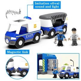 LiRiQi Wooden Train Police Car Railway Locomotive Children, Police Toy Car with Sound and Light, Train Set Compatible with Thomas Brio, Toy Car for Toddlers, Boys and Girls