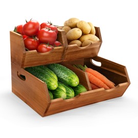 3 in 1 Acacia Wood Pantry Storage Bins for Kitchen（No installation Required）-Potato and Onion Storage Bins，2-tier Vegetable and Fruit Organizer with Anti-slip Mat，Stacking Bins for Kitchen & Pantry