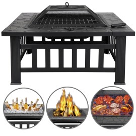 Segawe Outdoor Backyard Patio Garden Stove Fire Pit W/Cover 32" Square Metal Firepit