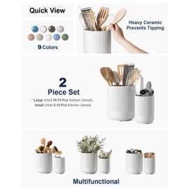 LE TAUCI Utensil Holder, 7.3"+5.4" Ceramic Kitchen Utensil Holder for Countertop, Large Cooking Utensil Crocks for Kitchen Counter Decor, Morden Utensil Organizer for Spatula, Set of 2, White
