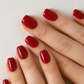 Red Press on Nails Short Square Fake Nails Pure Color Gel Acrylic Nails Full Cover Glossy Glue on Nails French Designs Artificial Nails Short Stick on Nails for Women Girls Nail Art Decorations 24PCS