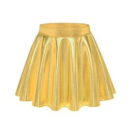 Auranso Girls Metallic Skater Skirt Sparkly Shiny Flared Pleated A-Line Mini Skort Gold 7-8 Years
