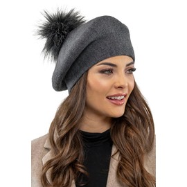 VIVISENCE Modern Beret Hat with Bobble Classic Cut Warm Yarn with Wool Additive Elegant Winter Hat Ideal for Cold Winter Days for Women, darkgray