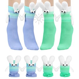 Swooflia Funny Magnetic Hand-Holding Bunny Socks 2 Pairs – Crazy Fun Novelty Gifts for Teens, Women, Men, Couples, Friends Blue Green