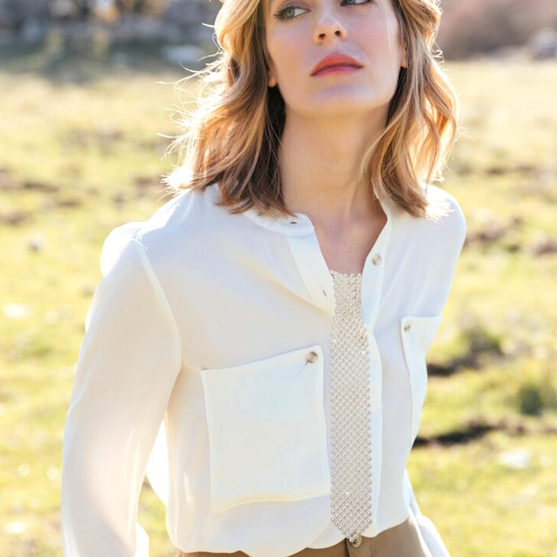 NICENEEDED Pearls Neck Tie, Handmade Weaving Shirt White Pearls Tie