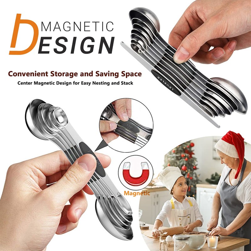 DILISS Magnetic Measuring Spoons Set, Dual Sided, Stainless Steel, Fits