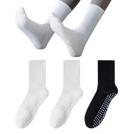 vvallis Pilates Socks, Yoga Socks with Grips for Women, 3 Pairs Non Slip Grip Socks for Barre, Dance, Barefoot Workout (Cotton Blend, C02-2 White+1 Black)
