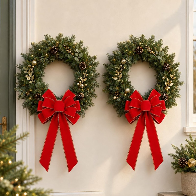 Large Red Velvet Christmas Bows with Gold Edge, 11.4 x