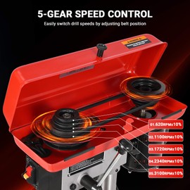 GarveeTech 8" Benchtop Drill Press, Laser Ray (Class II Max. 1mW), Tabletop Drilling Machine with 5 Adjustable Speeds (620 to 3100 RPM), 0-45°Tilting Worktable with LED Light (1W), for Wood or Metal