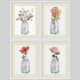 SIGNWIN Framed Pastel Watercolor Colorful Flower Variety Glass Vases Wall Art, Set of 4 Floral Botanical Wall Decor Prints, Nature Wilderness Wall Décor for Living Room, Bedroom - 8"x10" White
