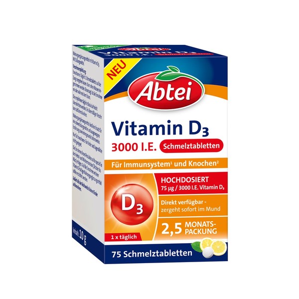 Abtei Vitamin D3 3000 IU - Supports Immune System and Bones - Laboratory Tested, Gluten-Free, Lactose-free and Vegetarian - 75 Melting Tablets with Lemon Flavour