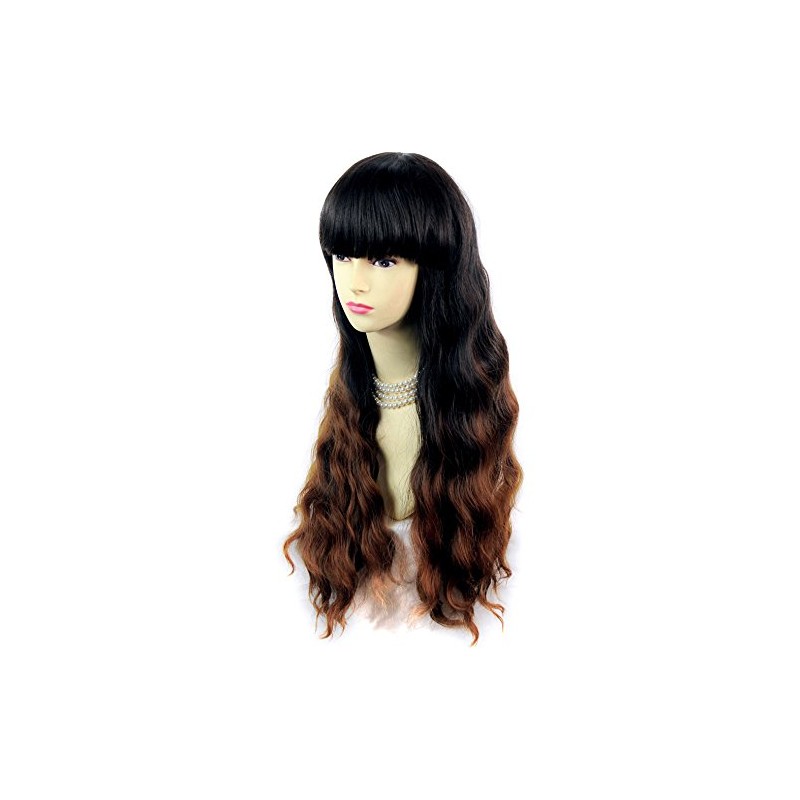 Wonderful Curly Black Brown & Red Long Lady Wig Dip-Dye