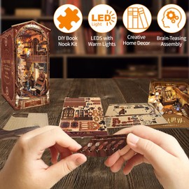 Magic World DIY Book Nook Kit with LED Light & Dust Cover, Mini 3D Wooden Puzzles Kits, Dollhouse Booknook Bookshelf Insert Decoration, Home Decor Bookend Stand, Birthday Gift for Adults Teens 14+