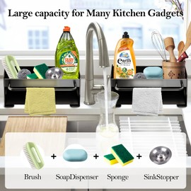 OWill Kitchen Sink Caddy, Kitchen Sink Organiser with Self Draining Tray, Washing up Caddy Sink Tidy Sponge Holder for Kitchen Sink, Black