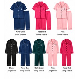 Women’s Satin Pajama Set for Sleep & Lounge – Heart Embroidery Long Sleeve Button Top & Full-Length Pants