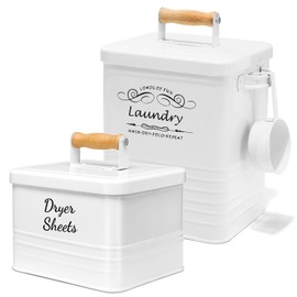 SSTATES Laundry Room Organization Set, Metal Laundry Detergent Pods Container and Dryer Sheet Holder with Lid, Laundry Powder Storage Bin with Scoop for Farmhouse Decor, (2 Pack, White)